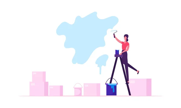 Κορίτσι ζωγράφος, σχεδιαστής ή εργαζόμενος Stand στην σκάλα με μπογιά κουβάδες γύρω από το χρωματισμό Wall με ρολό μπογιά. Εσωτερικός σχεδιασμός και ανακαίνιση σπιτιών και αναδιαμόρφωση. Concept καρτούν επίπεδη απεικόνιση — Διανυσματικό Αρχείο