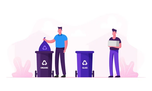 男性はプラスチックと有機ゴミのリサイクルサインで特別な容器にゴミを投げます。ゴミ収集のための特別なビン。リサイクルと地球汚染コンセプト漫画フラットベクトルイラスト — ストックベクタ