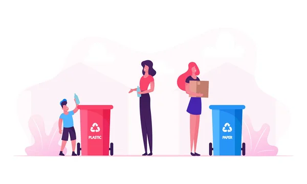 Μητέρα και Υιός Πετάξτε τα σκουπίδια σε δοχεία με την ανακύκλωση πινακίδα για πλαστικό. Γυναίκα χρήση bin για τη συλλογή απορριμμάτων χαρτί. Ανακύκλωση απορριμμάτων, πρόβλημα περιβαλλοντικής ρύπανσης κινούμενα σχέδια επίπεδη απεικόνιση — Διανυσματικό Αρχείο