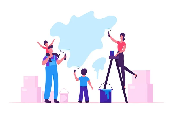 Happy Family with Kids Painting Wall with Rollers Making Renovation at Home. Parents and Children Spend Time Together in Activity Spare Time, Moving in New House. Cartoon Flat Vector Illustration — Stock Vector