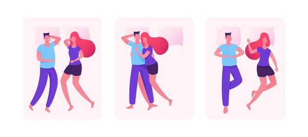 Conjunto de parejas dormidas. Joven y mujer acostados en la cama en diferentes posiciones para dormir y relajarse. Esposa y marido o novio y novia tener ocio. Dibujos animados plana Vector Ilustración — Archivo Imágenes Vectoriales