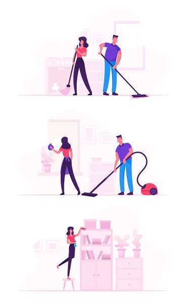 Пара в домашнем хозяйстве. Everyday Routine of Home Duties and chores, Houseworking Characters Cleaning House, Mopping, Wiping Dust and Vacuum Cleaning Cartoon Flat Vector Illustration — стоковый вектор