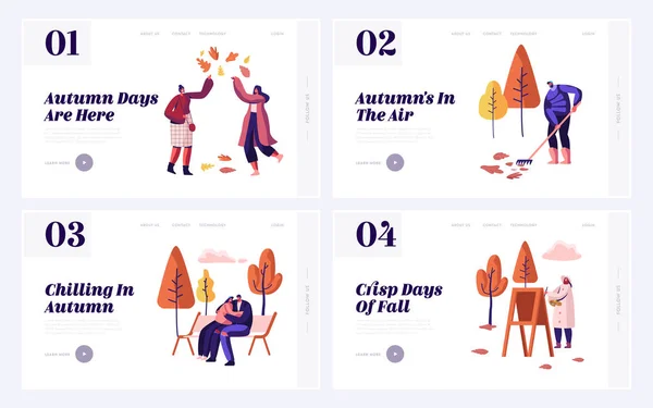 Fall Season Park Zone with People Website Landing Page Set (en inglés). Gran Jardín Público en Otoño, Ciudadano Feliz Disfrute de Actividades al Aire Libre y Caminata Recreación Página Web Banner. Dibujos animados plana Vector Ilustración — Vector de stock