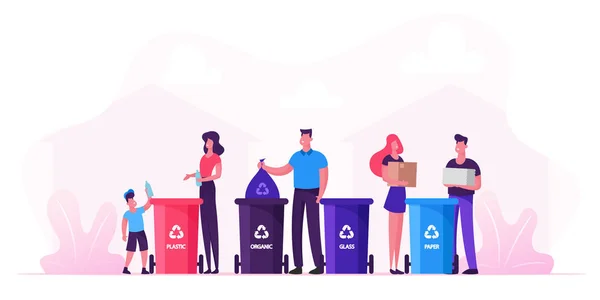 Family With Kids Collect Litter Portalo nei cestini, le persone riciclano rifiuti in contenitori diversi per la separazione per ridurre l'inquinamento ambientale. Illustrazione del vettore piatto del fumetto della giornata della terra — Vettoriale Stock