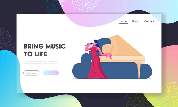 Situs Web Pendaratan Budaya Musik Klasik. Penyanyi wanita Berdiri di Grand Piano Pertunjukan Opera Komposisi Nyanyian Lagu di Stage dari Concert Hall Web Page Banner. Ilustrasi Vektor Flat Kartun - Stok Vektor