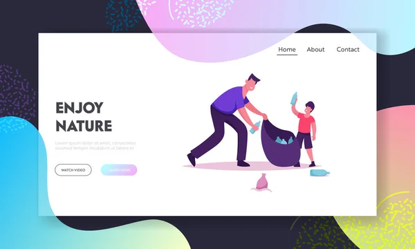 父と息子のボランティアがゴミを袋に集めるウェブサイトのランディングページ。クリーンアップ中にゴミを拾う男と少年。環境汚染問題ウェブページバナー漫画フラットベクトルイラスト — ストックベクタ