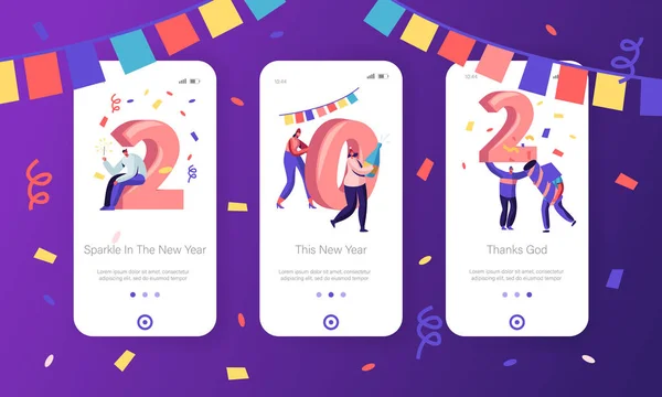 Tahun Baru 2020 Konsep untuk Mobile App Page Onboard Screen Set. Happy People Celebrate Hold Huge Numerals, Confetti and Sparklers Drinking Champagne Website or Web Page, Cartoon Flat Vector Illustration - Stok Vektor