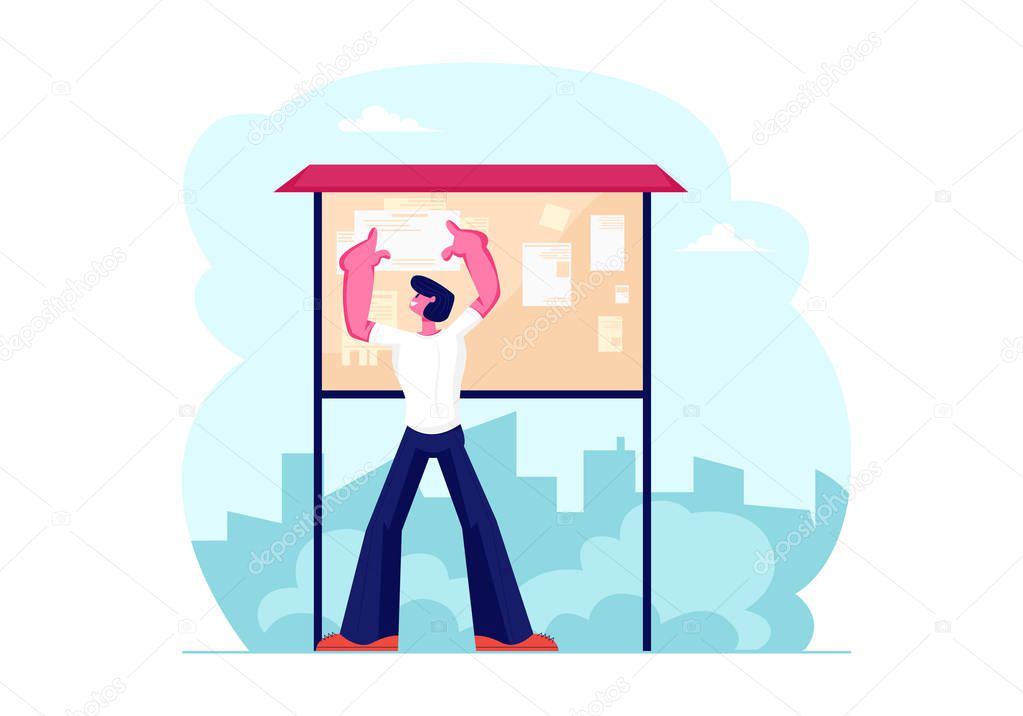 Young Man Billposter Sticking Paper Advertisement on Bulletin Board on City View Background. Male Character Posting Flyer on Special Board for Announcements. Side Job Cartoon Flat Vector Illustration