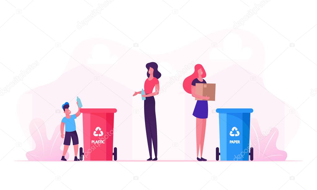 Mother and Son Throw Garbage into Containers with Recycle Sign for Plastic. Woman Use Bin for Collecting Paper Litter. Trash Recycling, Environmental Pollution Problem Cartoon Flat Vector Illustration