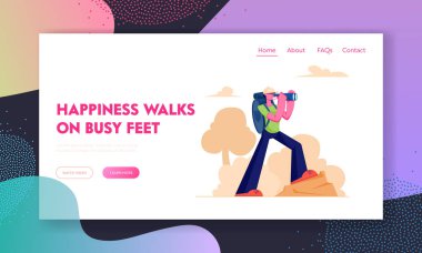 Kamp veya Sırt Çantasıyla Açık Hava Etkinliği Web Sitesi Açılış Sayfası. Binoküler ve Sırt Çantası ile Yürüyüş Man Trekking Dağlar veya Hills Yürüyüş, Seyahat Web Sayfası Banner. Karikatür Düz Vektör İllüstrasyon