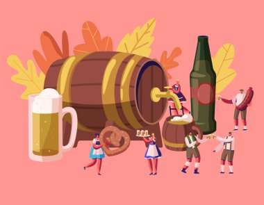 Geleneksel Alman Kostümleri Giyen Erkek ve Kadın Karakterlerle Oktoberfest Konsepti, Dökme Bira Tutan Simit ve Sosis Karikatür Düz Vektör İllüstrasyonu ile Büyük Ahşap Namlu'da Yürüyor