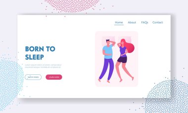 Uyuyan Çift Web Sitesi Açılış Sayfası. Erkek ve Kadın Sırtta Rahatlıyor. Genç Aile Rahatlatıcı Yatakta Yatan, Dinlenme ve Gece Uykusu Için Rüya Pozisyonu Web Sayfası Banner. Karikatür Düz Vektör İllüstrasyon