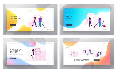 Erkek ve Kadın Karakterler Hafta Sonu Web Sitesi Açılış Sayfa Seti Ev Temizlik. Mutlu Çift Aile Görevleri Halı Vakumlama, Silme Toz Temizleme Pencere Web Sayfası Banner. Karikatür Düz Vektör İllüstrasyon