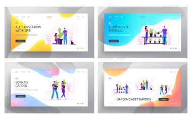Aile Yapıyor Ev İşi ve Bakım Tesisleri Web Sitesi Açılış Sayfa Seti. Çift Ev Temizliği, Yıkama Yeşiller, Temizlik Ev Bahçe, Su Saksı Çiçekler Web Sayfası Banner. Karikatür Düz Vektör İllüstrasyon