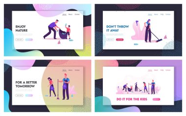 Gönüllü Charity, Çöp Toplama Web Sitesi Açılış Sayfası Seti. Çalışan Tulumlar Çöp ve Çöp Torbaları Temizlik İnsanlar. Ekoloji Koruma Web Sayfası Banner. Karikatür Düz Vektör İllüstrasyon
