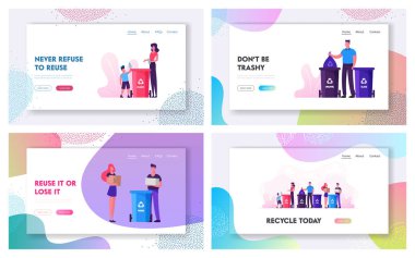 Geri Dönüşüm Kirliliği ve Ekolojiyi Koruma Web Sitesi Açılış Sayfası Seti. İnsanlar Çöpü Geri Dönüşüm İşaretiyle Konteynerlere Atar, Çöpleri Çöpleri Kutular'a Toplar Web Sayfası Afişi'ne Atar. Karikatür Düz Vektör İllüstrasyon