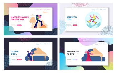 Klasik Müzik Konseri, Yürüyüş ve Kaykay Web Sitesi Açılış Sayfası Seti. Opera Şarkıcısı ve Piyanist Sahnede Performans Sergiliyor. Sırt Çantası Web Sayfası Banner ile Turist Seyahat. Karikatür Düz Vektör İllüstrasyon