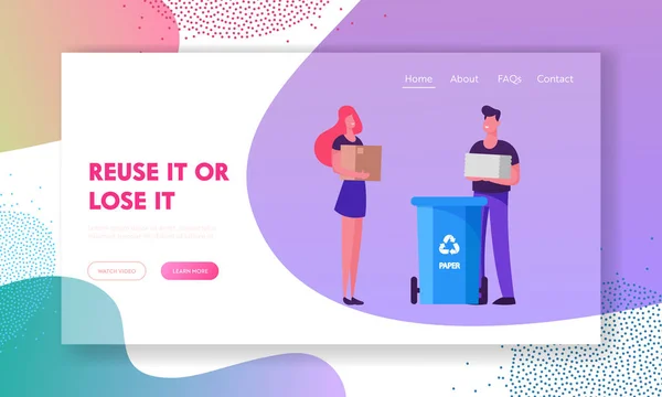 Environment Ecology Protection, Recycling Reduce Pollution Website Landing Page (dalam bahasa Inggris). Orang-orang mengoleksi Sampah Membuang Sampah ke Kontainer dengan Recycle Sign. Banner Halaman Web. Ilustrasi Vektor Flat Kartun - Stok Vektor