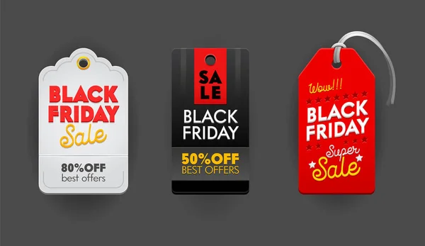 Black Friday Venda Tags ou Emblems Set. Etiquetas Ícones e Sinais com Tipografia para Cartões de Preço, Banners ou Design de Logo. Elementos para Mídia Social ou Imprimir Publicidade Oferta Especial, Ilustração de Vetor —  Vetores de Stock