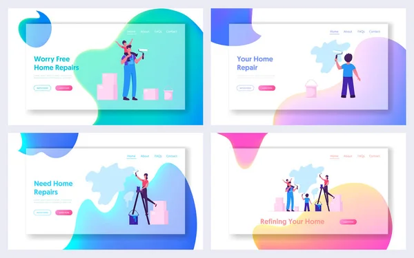 Щаслива молода сім'я з ремонту домашнього сайту Landing Page. Син сидить на плечах батька допомагає малювати стіну з роликом, усміхненою матір'ю, що стоїть на сходинці веб-сторінки банера. Мультфільм плоский Векторні ілюстрації — стоковий вектор