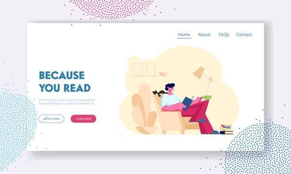 Чтение книг на Landing Page. Молодой человек читатель сидит на уютном кресле на дому читать интересную книгу. Глубокое проникновение во всемирную паутину. Мультипликационный вектор — стоковый вектор