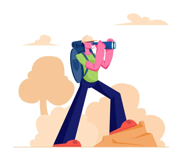 Turystyka człowiek prowadzenie aktywny styl życia Trekking z lornetki i plecak chodzenie w górach lub wzgórza, Camping lub Backpacking aktywność na świeżym powietrzu kierunek podróże kreskówka rysunek płaski wektor — Wektor stockowy