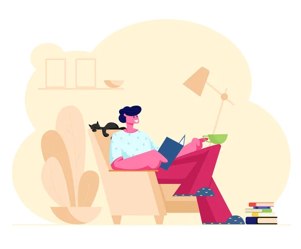 Reading Books Hobby. Young Man Sitting on Cozy Armchair at Home Read Interesting Book with Cat Sleeping beside. Deep Immersion to Fantasy World, Male Character Reader. Cartoon Flat Vector Illustration — Stock Vector