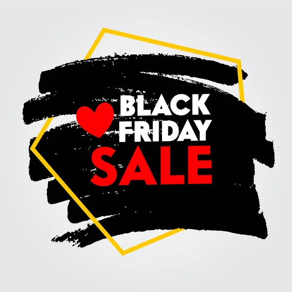 Black Friday Sale Tipografia com Red Heart Icon e Pentágono Forma Geométrica para Discount Offer Poster. Banner Criativo com Inscrição em Fundo Grungy Preto. Sinalização Vector Ilustração —  Vetores de Stock