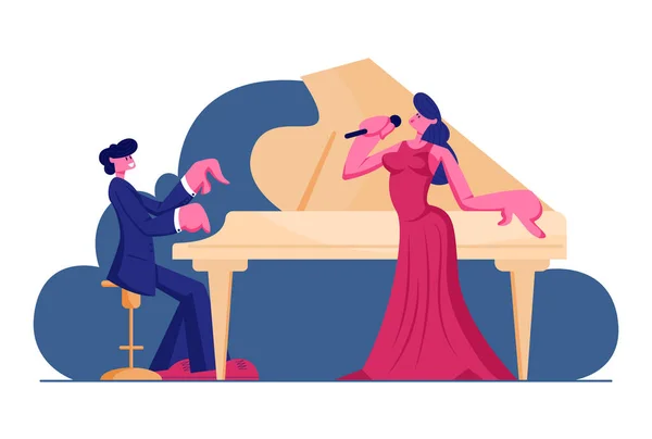 Opera Performance a színpadon, zongorista viselése koncert jelmez Playing musical összetétel a Grand Piano a nő énekes ünnepi ruha éneklő dal mikrofonnal. Cartoon Flat vektoros illusztráció — Stock Vector