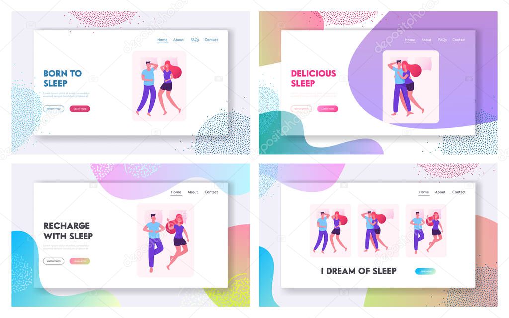 Loving Couple Sleeping and Lounging in Bed Website Landing Page Set. Male and Female Characters Lying Together. Weekend Leisure, Spare Time at Home Web Page Banner. Cartoon Flat Vector Illustration