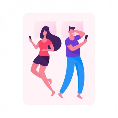 Genç Çift Erkek ve Kadın Sosyal Ağ için Akıllı Telefonlar ile Yatakta Apart Yatarken, Haber Okuma, Video İzleme, İnternet Sörf arama. Gadget Cihaz Bağımlılığı Karikatür Düz Vektör İllüstrasyon