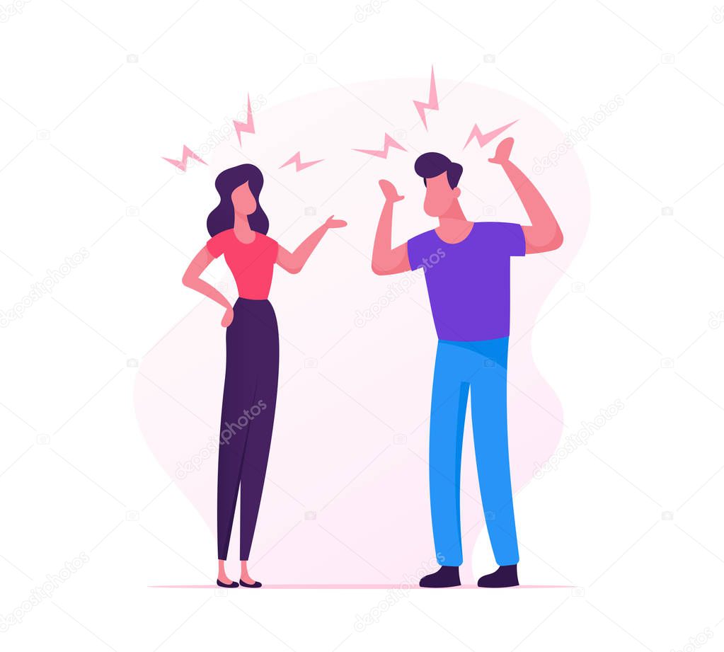 Loving Married Couple Quarrel. Man and Woman Sorting Things Out, Fighting. Family Life Concept. Scandal between Husband and Wife at Home. Love and Human Relations. Cartoon Flat Vector Illustration