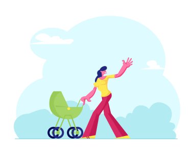 Happy Woman City Park'ta Çocuk Arabasıyla Yürüyor. Genç Anne Push Baby Stroller Kırsal Manzara Arka Plan üzerinde. Kız ve Çocuk Hafta sonu, Annelik Aşk Aile Karikatür Düz Vektör İllüstrasyon