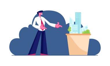 Genç Adam Mimar Mühendis Müşteriler için House Mock Up Modeli Sunan. İnşaat ve Mühendislik İnşaat Konsepti. Metropolis Mimarlık Tasarım Projeksiyonu. Karikatür Düz Vektör İllüstrasyon