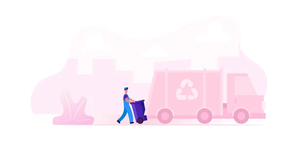 Gemeentelijke recycling dienst arbeider dragen uniforme lading vuilnisbak naar vuilniswagen voor vervoer op Recycle gebruik fabriek. Schoonmaakbedrijf werknemer cartoon platte vector illustratie — Stockvector