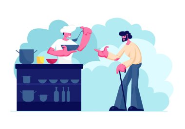 Evsizlere Yiyecek Servisi Gönüllüsü. Baş Üniforma giyen genç adam Masada Duran Dilenci Adam Için Tabak için Sıcak Yemek Dökme. Gece Barınağı Acil Konut. Karikatür Düz Vektör İllüstrasyon