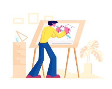 İnşaat ve Mühendislik Mesleği, Meslek veya İş Kavramı. Mimar ve İnşaat Mühendisi Mimarlık Proje Boyama Planı Blueprint Karikatür Düz Vektör İllüstrasyon Çalışma