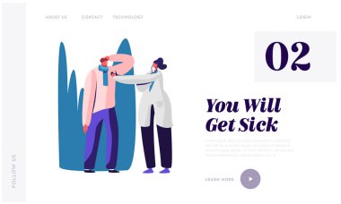 Hastalık Web Sitesi Açılış Sayfası. Hasta Adam Kafa Soğuk Virüs olan Buzlu Isıtıcı ile. Doktor Dinle Kalp Atışı Termometre Web Sayfası Banner ile Ölçüm Sıcaklığı. Karikatür Düz Vektör İllüstrasyon