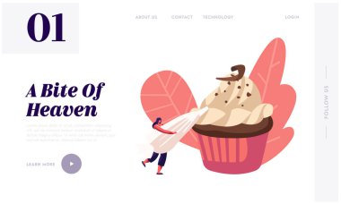 Fırın ve Tatlı Gıda Web Sitesi Açılış Sayfası. Tiny Woman Pasta Çantası Krema ile Büyük Çikolata cupcake süsleyin. Muffin Treat Şekerleme Tatlı Web Sayfası Banner. Karikatür Düz Vektör İllüstrasyon