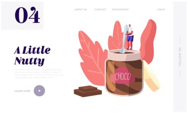 Tatlılar ve Çikolata Tatlısı Sevgilisi, Tatlı-Diş Kavramı Web Sitesi Açılış Sayfası. Tiny Erkek Karakter Holding Kaşık Büyük Kavanoz Yeme Choco Yapıştır Web Sayfası Banner standı. Karikatür Düz Vektör İllüstrasyon
