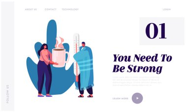 Grip ve Hastalık Web Sitesi Açılış Sayfası. Hasta kişi üşüyor. Ill Man Sıcak İçecek Veren Büyük Termometre Kadın Holding Ekose Sarılmış, Hastalık Web Sayfası Banner. Karikatür Düz Vektör İllüstrasyon