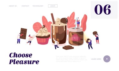 Çikolatalı Tatlı Üretim Sitesi Açılış Sayfası. Büyük Choco Yemekleri Pasta Yapıştır Cupcake Şeker Kamışı Kokteyl arasında Tiny Karakterler. Sweet Food Concept Web Sayfası Afiş Karikatür Düz Vektör İllüstrasyon