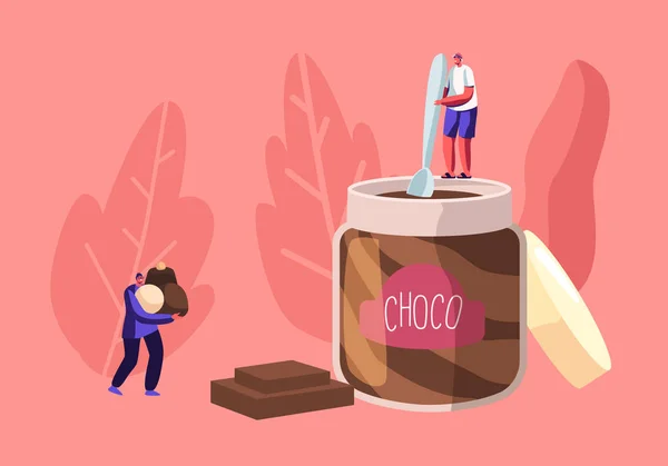 Sweets Lovers and Sweet-Tooth People Concept with Tiny Male Character Holding Spoon Stand on Huge Jar Eating Choco Paste, Man Carry tas de bonbons au chocolat entre les mains. Illustration vectorielle plate de bande dessinée — Image vectorielle