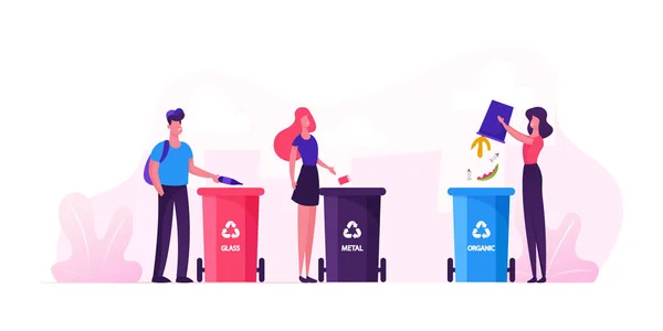 Grupo de habitantes de la ciudad arrojan basura para reciclar papeleras para vidrio, metal y residuos orgánicos. Concepto de Protección Ambiental. Ordenar Reciclaje y Segregación Dibujos animados plana Vector Ilustración — Vector de stock