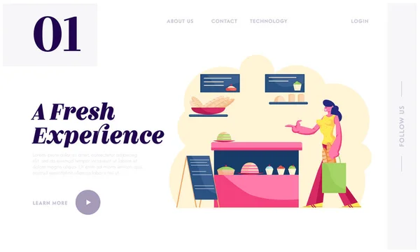 Situs Web Produksi Bakehouse Retail Landing Page. Perempuan Berdiri di Showcase with Pastry Assortment in Bakery Shop. Customer Visit Store for Buying Bread Web Page Banner (dalam bahasa Inggris). Ilustrasi Vektor Flat Kartun - Stok Vektor