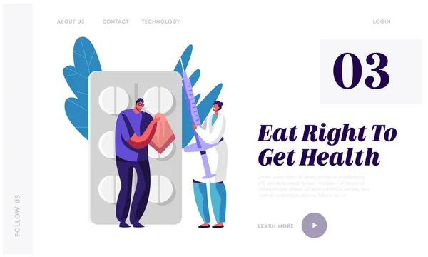 Página de aterrissagem do site de doenças ou doenças. Man Blow his Nose to Handkerchief at Huge Pills Blister, Doctor Holding Syringe with Medicine for Injection Web Page Banner (em inglês). Desenhos animados ilustração vetorial plana —  Vetores de Stock