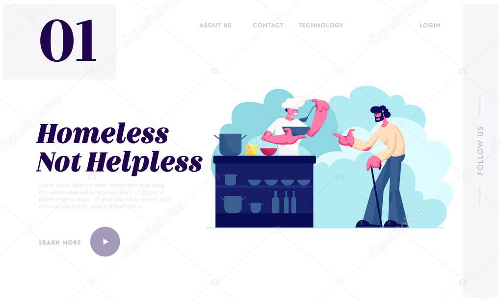 Volunteer Serving Food to Homeless People Website Landing Page. Man Chief Pouring Warm Food to Plate for Beggar Man. Night Shelter Emergency Housing Web Page Banner. Cartoon Flat Vector Illustration
