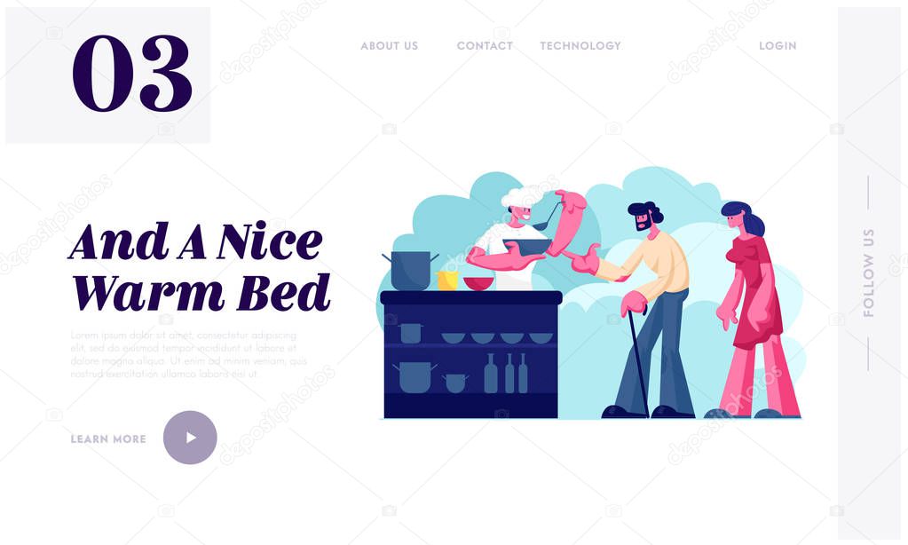 Night Shelter for Homeless Website Landing Page. Emergency Housing for People Without Home. Poor Man and Woman Stand in Queue for Getting Warm Food Web Page Banner. Cartoon Flat Vector Illustration