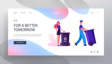 Atık Temizleme Şirketi Web Sitesi Açılış Sayfası. Kadın Metal Geri Dönüşüm İşareti ile Açık Konteyner Çöp atmak. Çöp Geri Dönüşüm, Ekoloji Koruma Web Sayfası Banner. Karikatür Düz Vektör İllüstrasyon