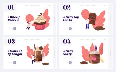 People Eating Sweet Chocolate Food Website Landing Page Set. Tiny Characters among Huge Choco Dessert Dishes in Confectionery or Bakery Shop Concept Web Page Banner. Cartoon Flat Vector Illustration clipart